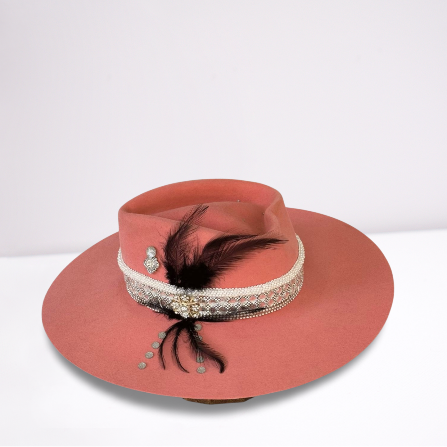 Pink Embellished Band Black Feather Rancher Hat